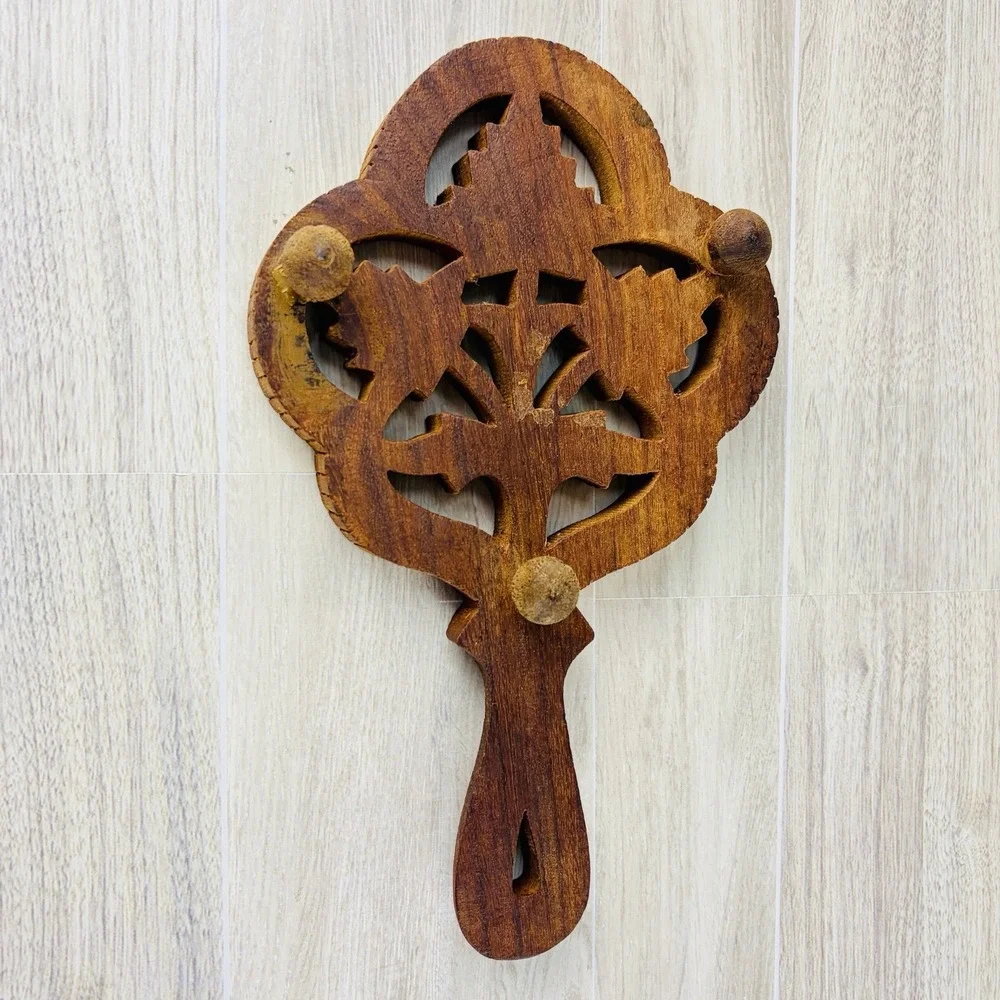 Wooden Trivet Open Work Vintage Handle 3 Ball Feet Hot Dish Hanging Decor MCM